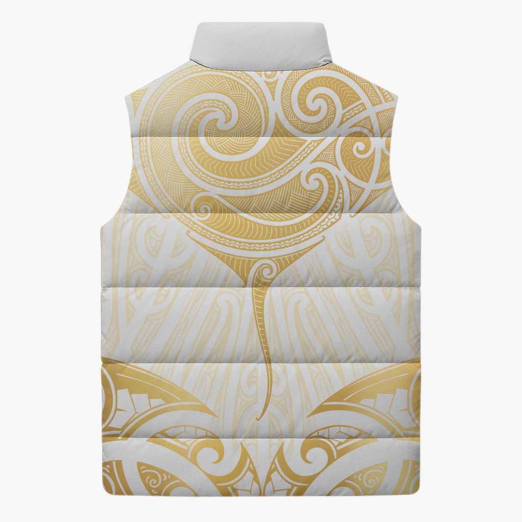 Gold White New Zealand Manta Ray Sleeveless Puffer Jacket Aotearoa Maori Haehae LT14 - Polynesian Pride