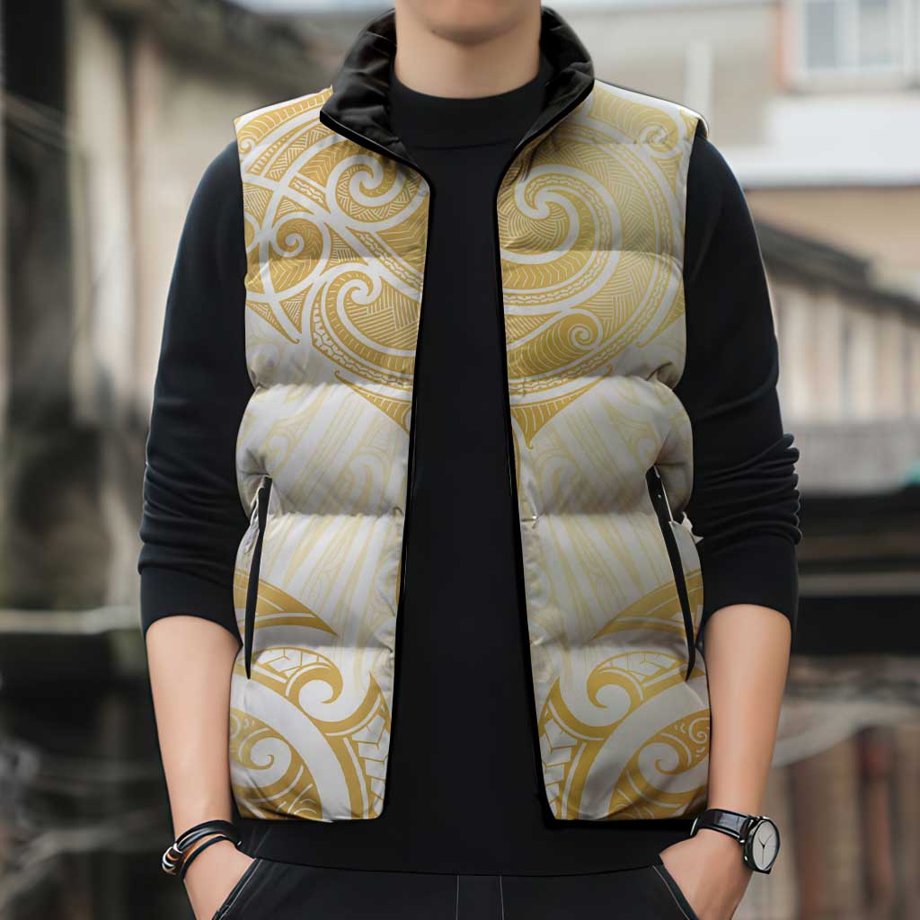 Gold White New Zealand Manta Ray Sleeveless Puffer Jacket Aotearoa Maori Haehae LT14 - Polynesian Pride
