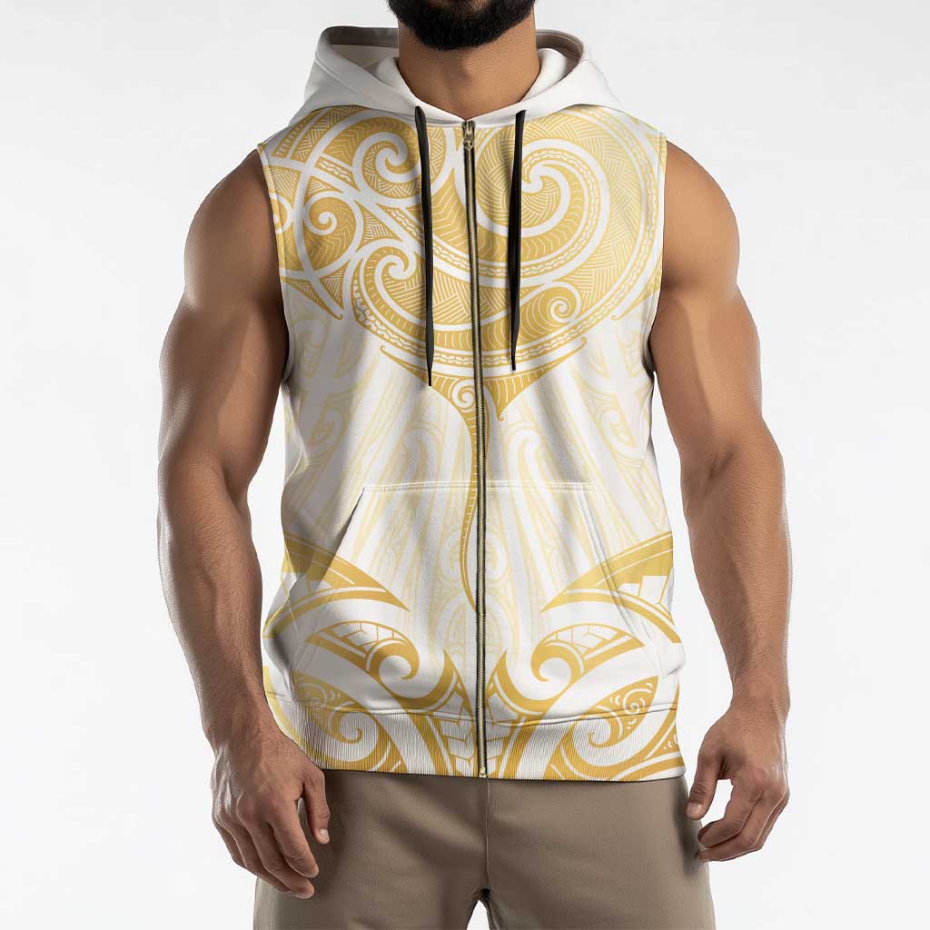 Gold White New Zealand Manta Ray Sleeveless Zip Hoodie Aotearoa Maori Haehae - Polynesian Pride