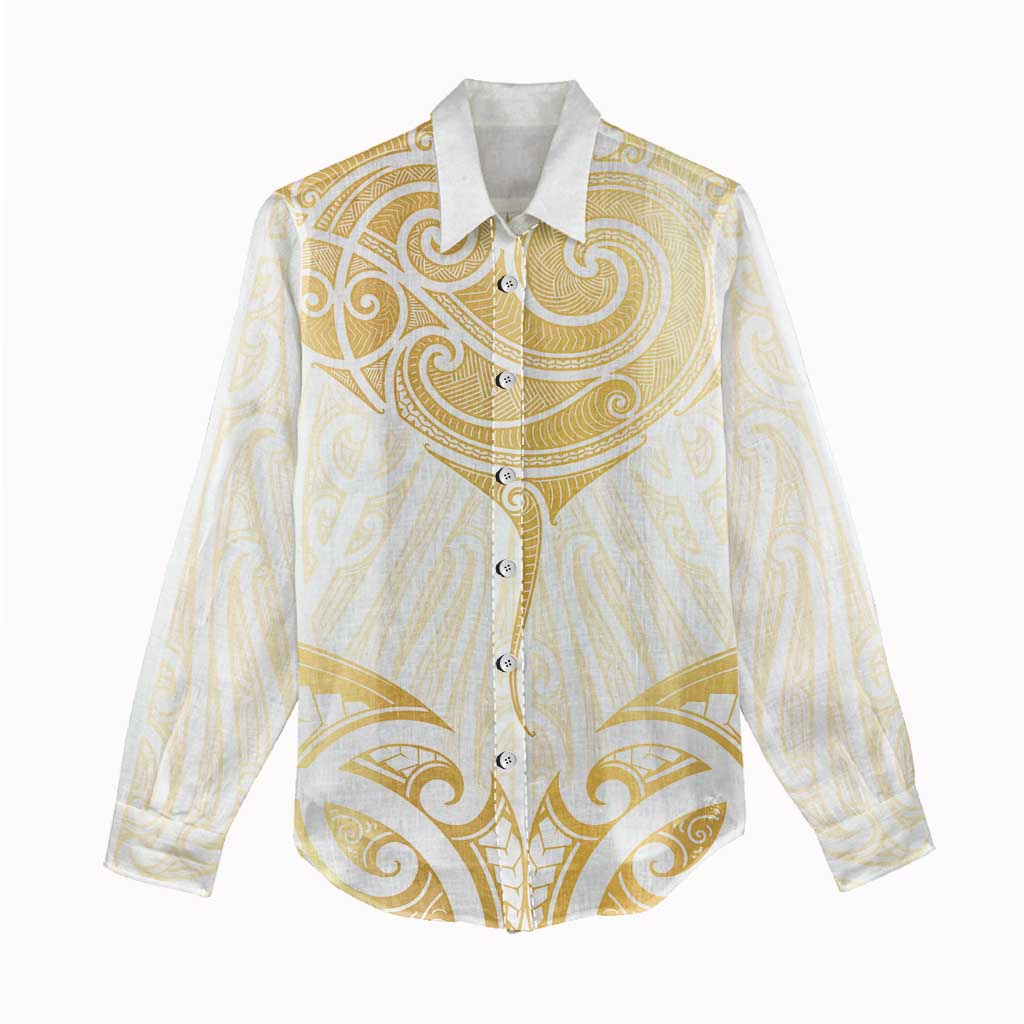 Gold White New Zealand Manta Ray Women Casual Shirt Aotearoa Maori Haehae - Polynesian Pride