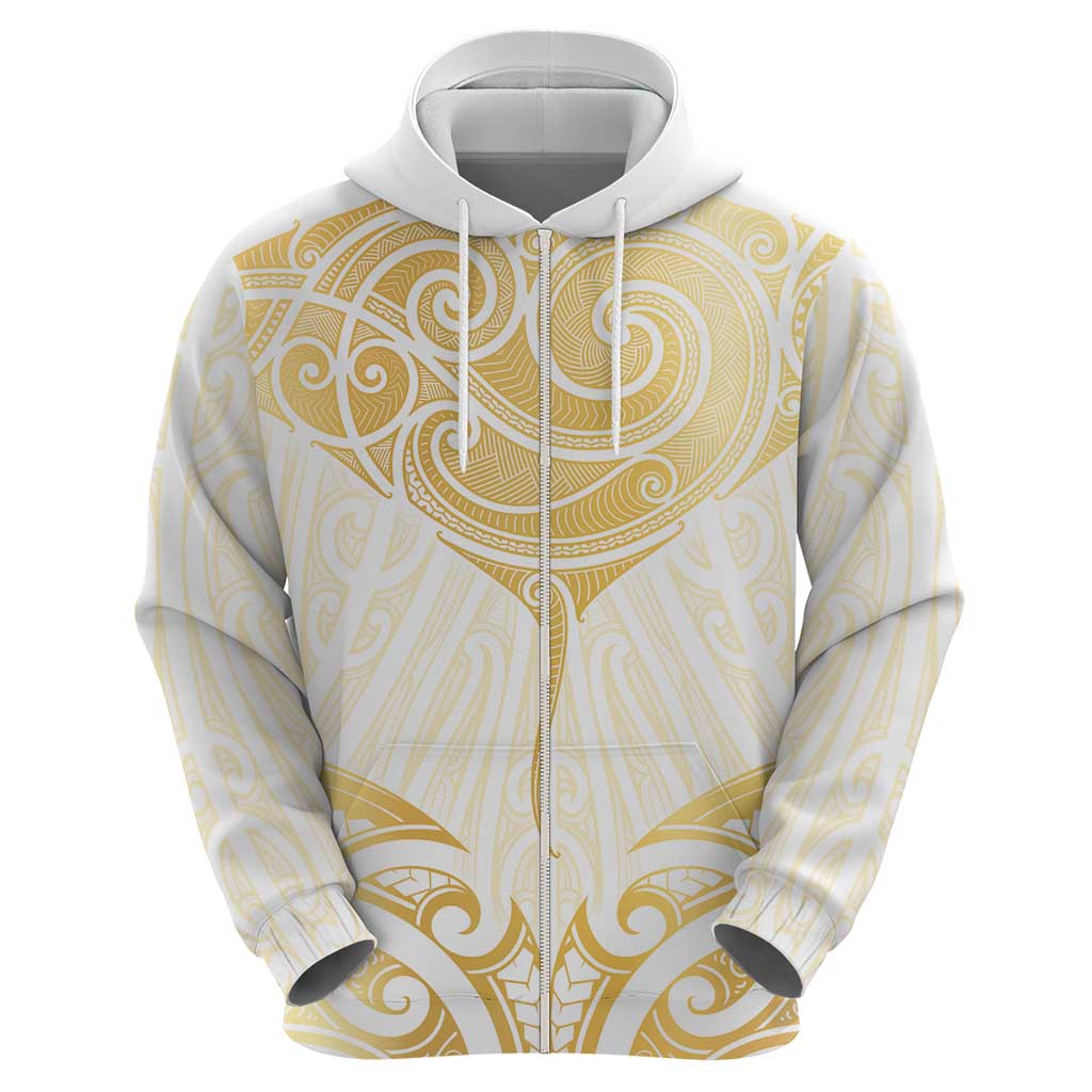 Gold White New Zealand Manta Ray Zip Hoodie Aotearoa Maori Haehae - Polynesian Pride
