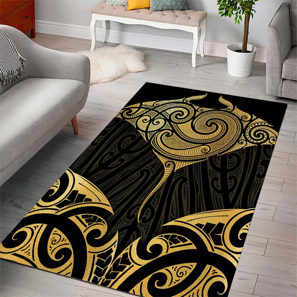Gold Black New Zealand Manta Ray Area Rug Aotearoa Maori Haehae - Polynesian Pride