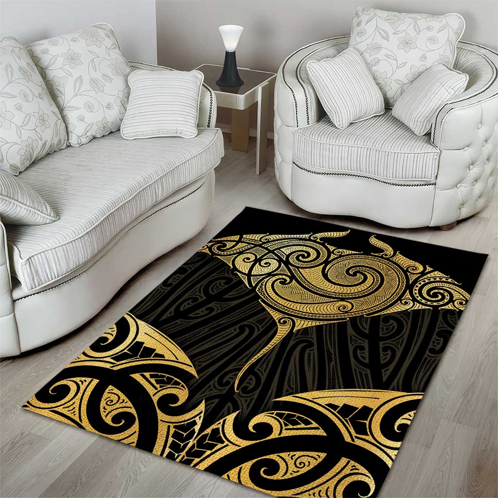 Gold Black New Zealand Manta Ray Area Rug Aotearoa Maori Haehae - Polynesian Pride