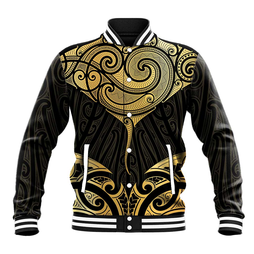 Gold Black New Zealand Manta Ray Baseball Jacket Aotearoa Maori Haehae LT14 Unisex Black - Polynesian Pride