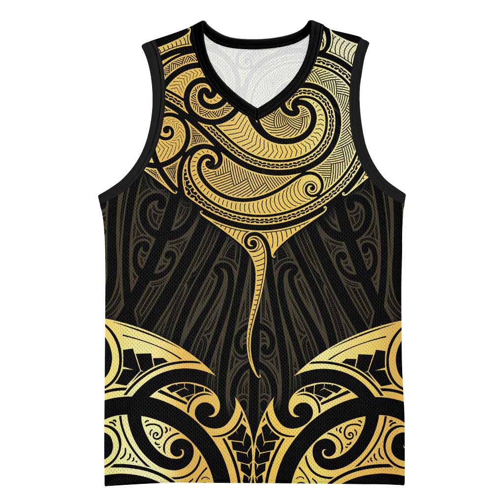 Gold Black New Zealand Manta Ray Basketball Jersey Aotearoa Maori Haehae LT14 Unisex Black - Polynesian Pride