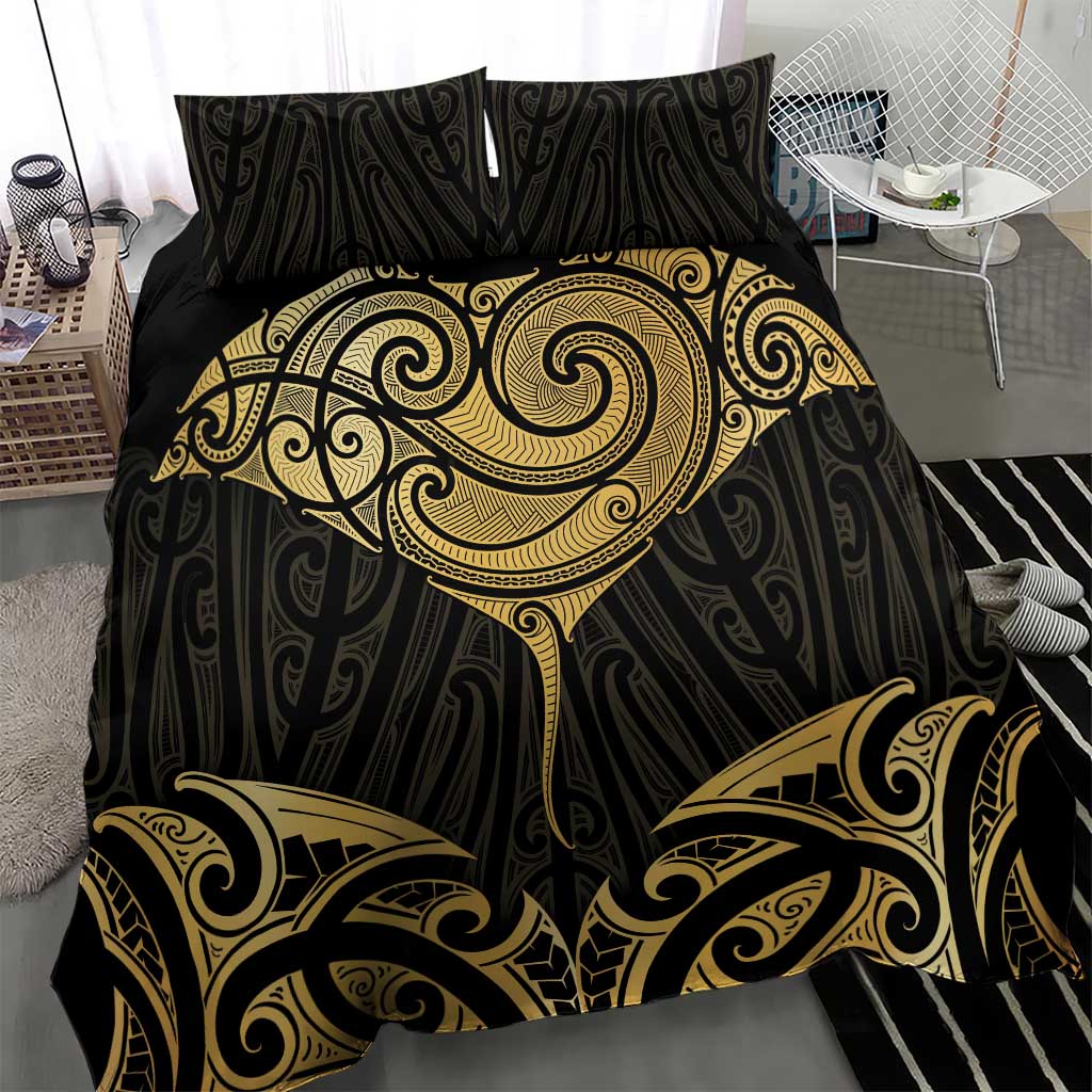 Gold Black New Zealand Manta Ray Bedding Set Aotearoa Maori Haehae - Polynesian Pride