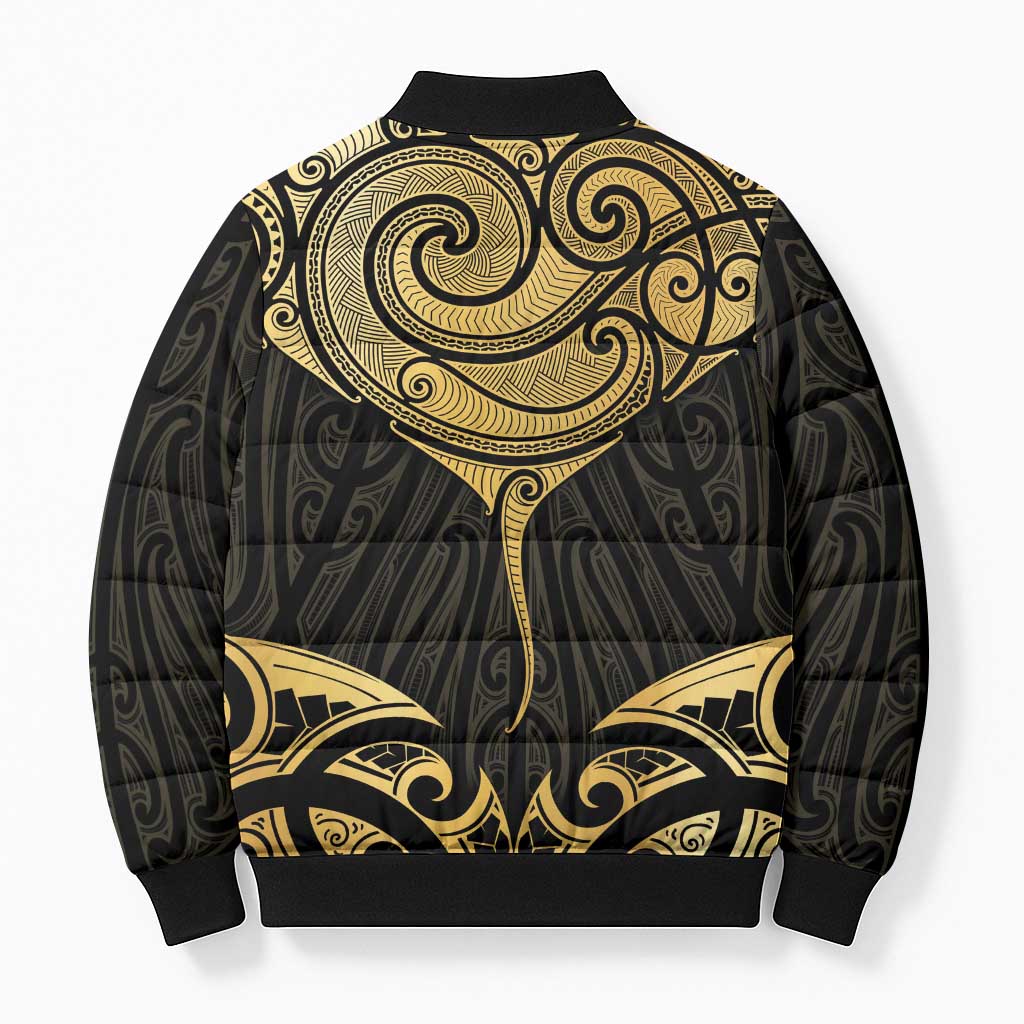 Gold Black New Zealand Manta Ray Bomber Puffer Jacket Aotearoa Maori Haehae LT14 - Polynesian Pride
