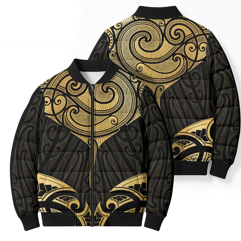 Gold Black New Zealand Manta Ray Bomber Puffer Jacket Aotearoa Maori Haehae LT14 - Polynesian Pride