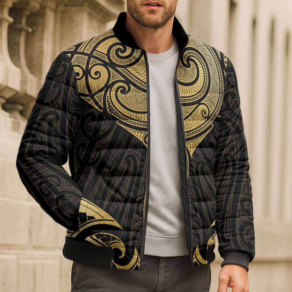 Gold Black New Zealand Manta Ray Bomber Puffer Jacket Aotearoa Maori Haehae LT14 - Polynesian Pride