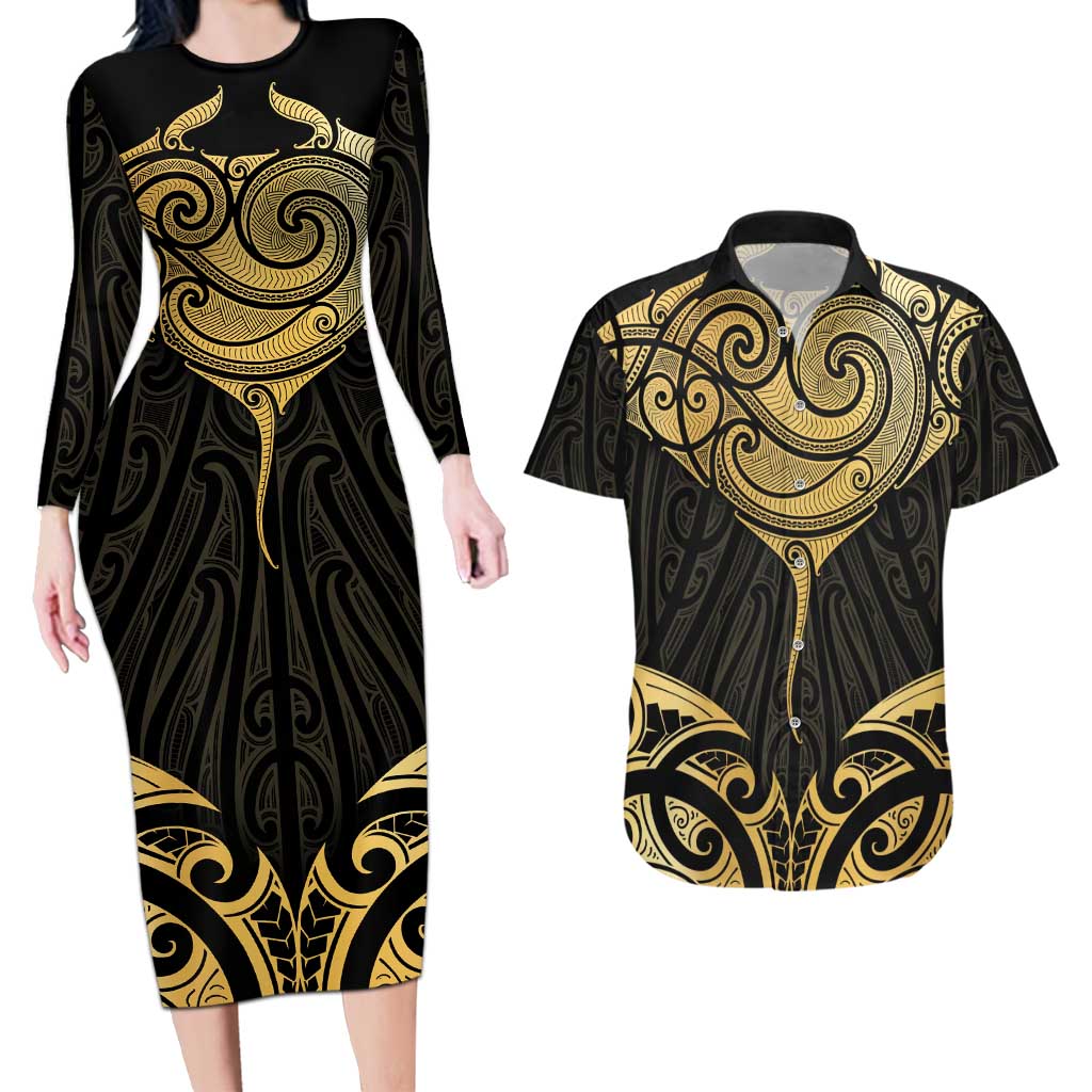 Gold Black New Zealand Manta Ray Couples Matching Long Sleeve Bodycon Dress and Hawaiian Shirt Aotearoa Maori Haehae - Polynesian Pride