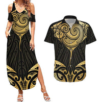 Gold Black New Zealand Manta Ray Couples Matching Summer Maxi Dress and Hawaiian Shirt Aotearoa Maori Haehae - Polynesian Pride