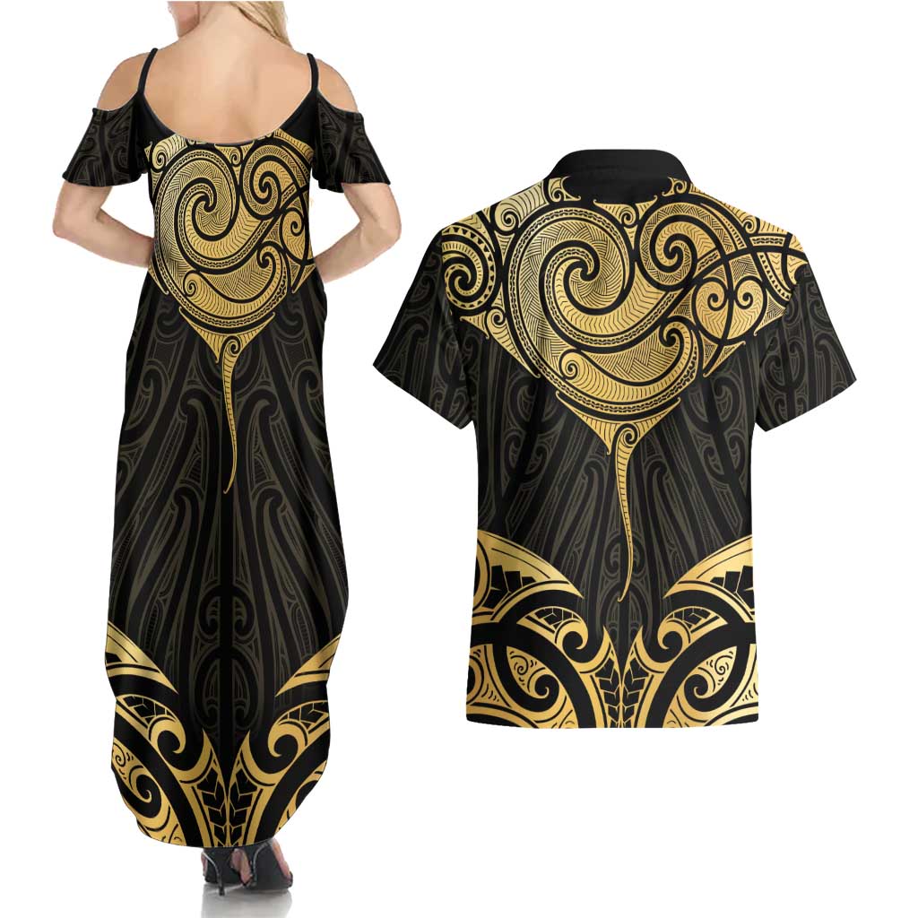 Gold Black New Zealand Manta Ray Couples Matching Summer Maxi Dress and Hawaiian Shirt Aotearoa Maori Haehae - Polynesian Pride
