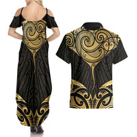 Gold Black New Zealand Manta Ray Couples Matching Summer Maxi Dress and Hawaiian Shirt Aotearoa Maori Haehae - Polynesian Pride