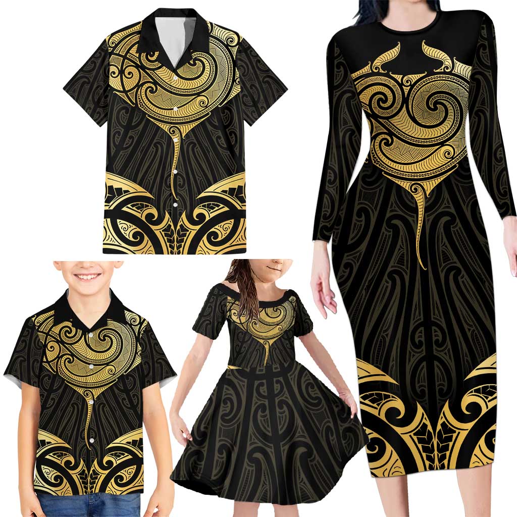 Gold Black New Zealand Manta Ray Family Matching Long Sleeve Bodycon Dress and Hawaiian Shirt Aotearoa Maori Haehae - Polynesian Pride