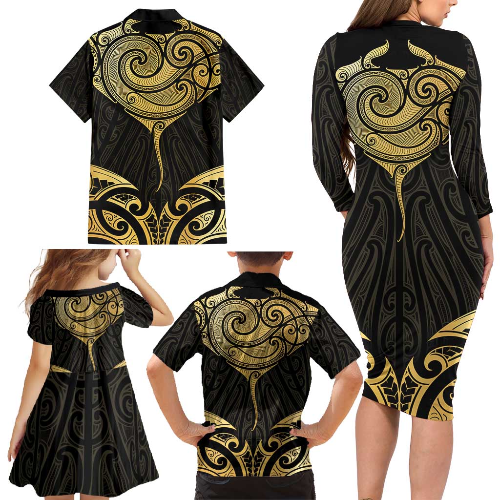 Gold Black New Zealand Manta Ray Family Matching Long Sleeve Bodycon Dress and Hawaiian Shirt Aotearoa Maori Haehae - Polynesian Pride