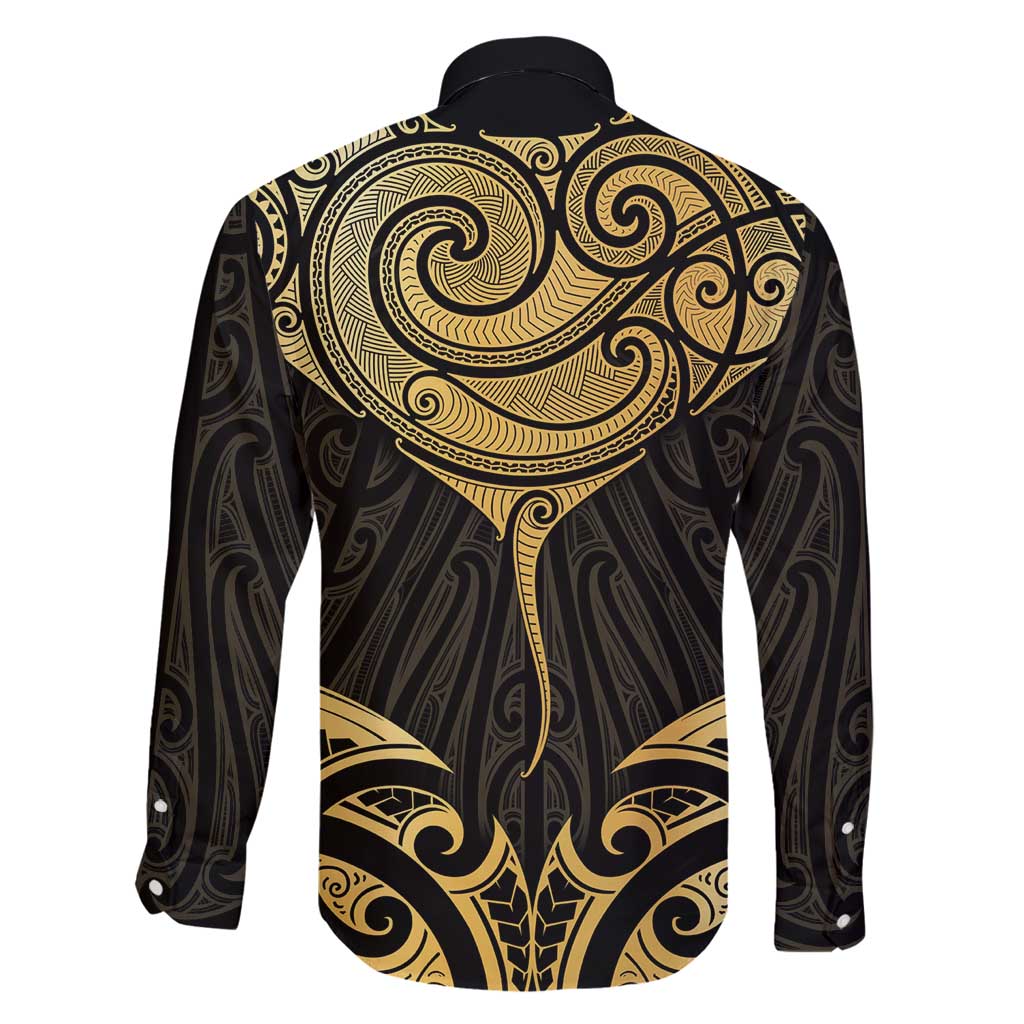 Gold Black New Zealand Manta Ray Family Matching Long Sleeve Bodycon Dress and Hawaiian Shirt Aotearoa Maori Haehae - Polynesian Pride