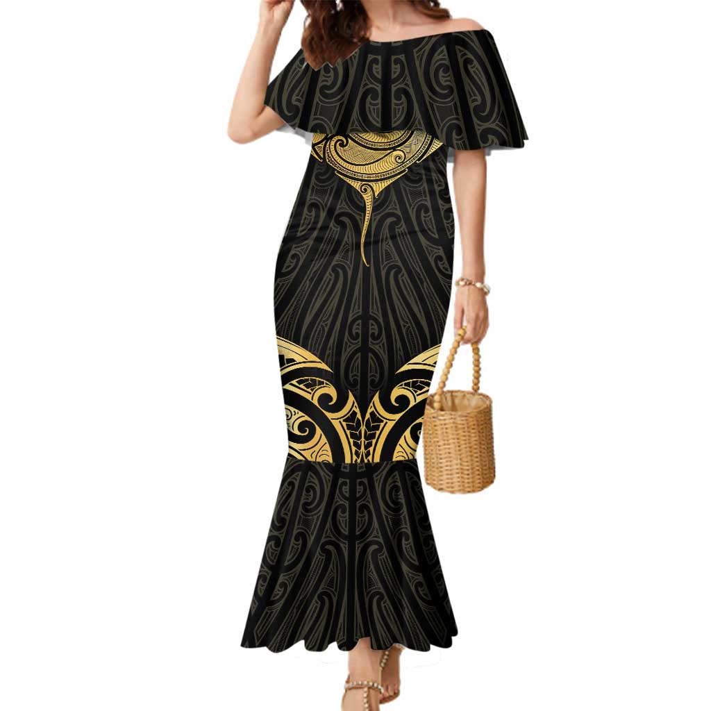 Gold Black New Zealand Manta Ray Family Matching Mermaid Dress and Hawaiian Shirt Aotearoa Maori Haehae - Polynesian Pride