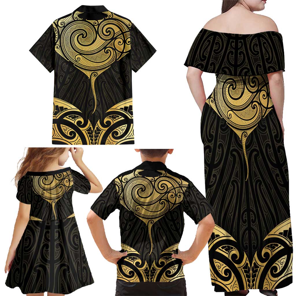 Gold Black New Zealand Manta Ray Family Matching Off Shoulder Maxi Dress and Hawaiian Shirt Aotearoa Maori Haehae - Polynesian Pride