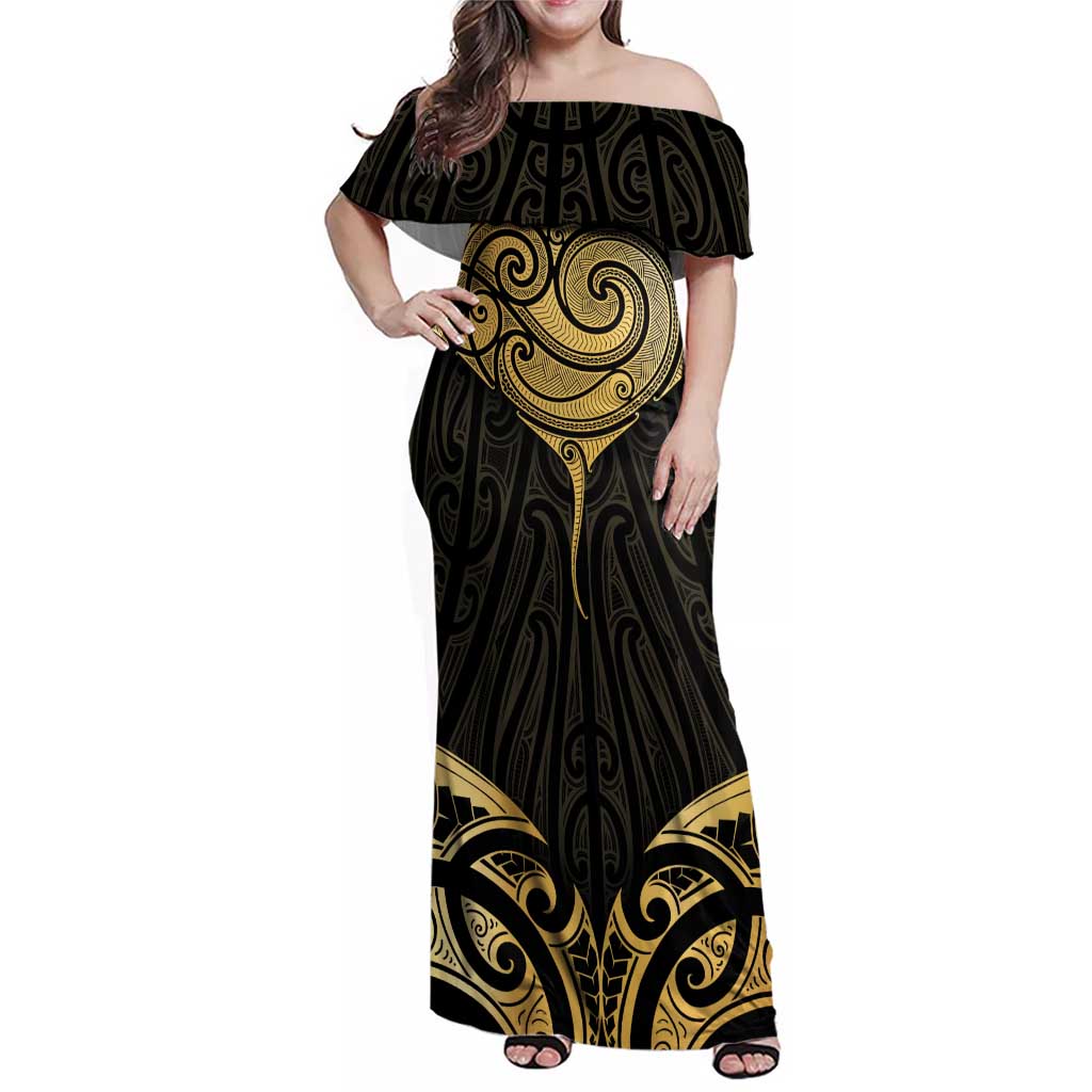 Gold Black New Zealand Manta Ray Family Matching Off Shoulder Maxi Dress and Hawaiian Shirt Aotearoa Maori Haehae - Polynesian Pride