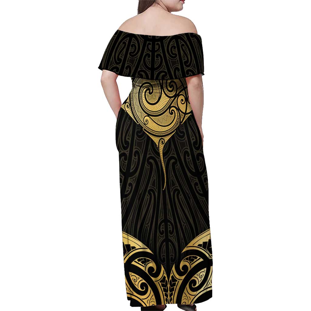 Gold Black New Zealand Manta Ray Family Matching Off Shoulder Maxi Dress and Hawaiian Shirt Aotearoa Maori Haehae - Polynesian Pride