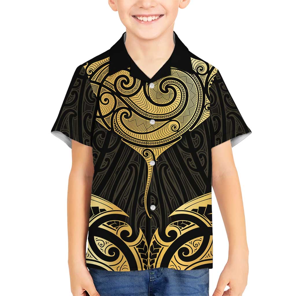 Gold Black New Zealand Manta Ray Family Matching Off Shoulder Short Dress and Hawaiian Shirt Aotearoa Maori Haehae - Polynesian Pride