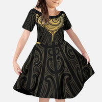 Gold Black New Zealand Manta Ray Family Matching Short Sleeve Bodycon Dress and Hawaiian Shirt Aotearoa Maori Haehae - Polynesian Pride