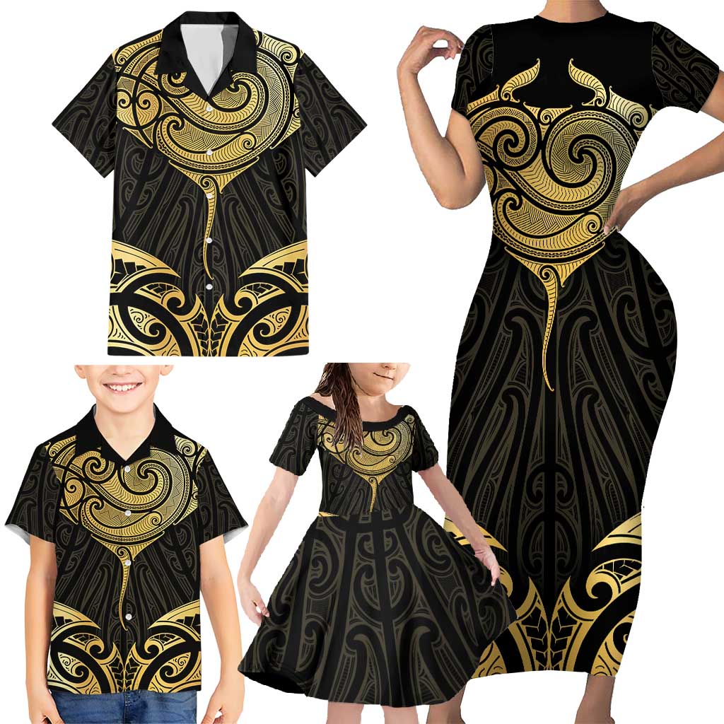 Gold Black New Zealand Manta Ray Family Matching Short Sleeve Bodycon Dress and Hawaiian Shirt Aotearoa Maori Haehae - Polynesian Pride