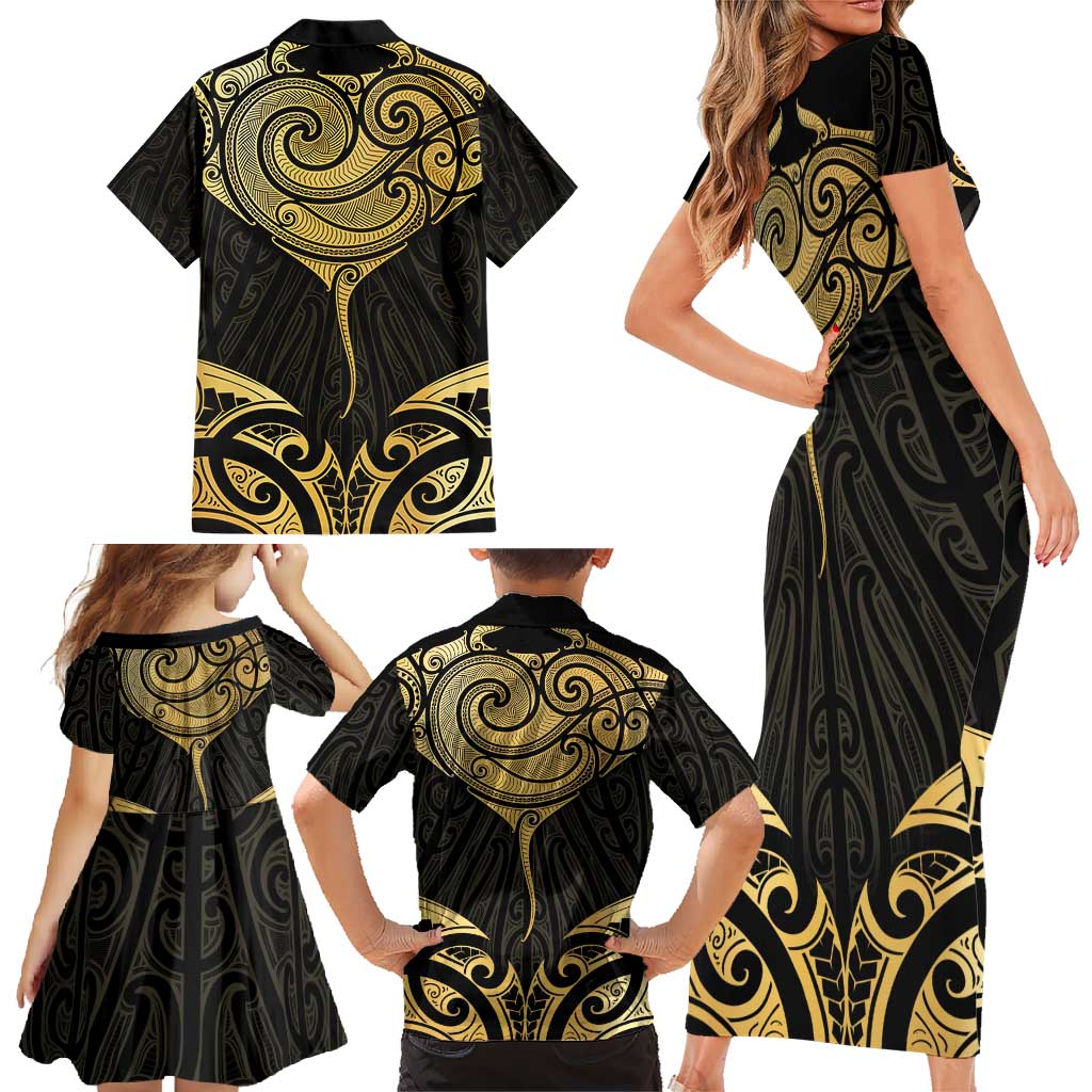 Gold Black New Zealand Manta Ray Family Matching Short Sleeve Bodycon Dress and Hawaiian Shirt Aotearoa Maori Haehae - Polynesian Pride