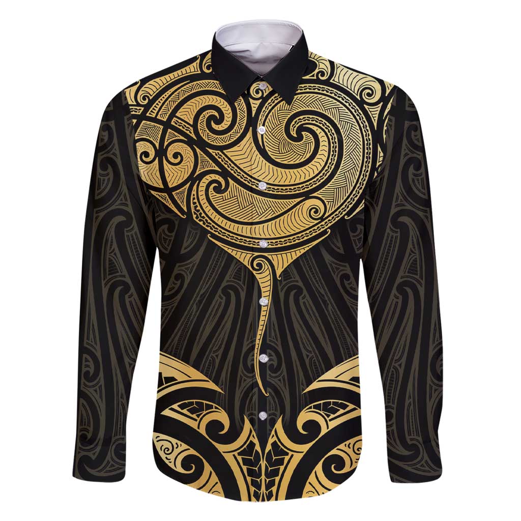 Gold Black New Zealand Manta Ray Family Matching Short Sleeve Bodycon Dress and Hawaiian Shirt Aotearoa Maori Haehae - Polynesian Pride