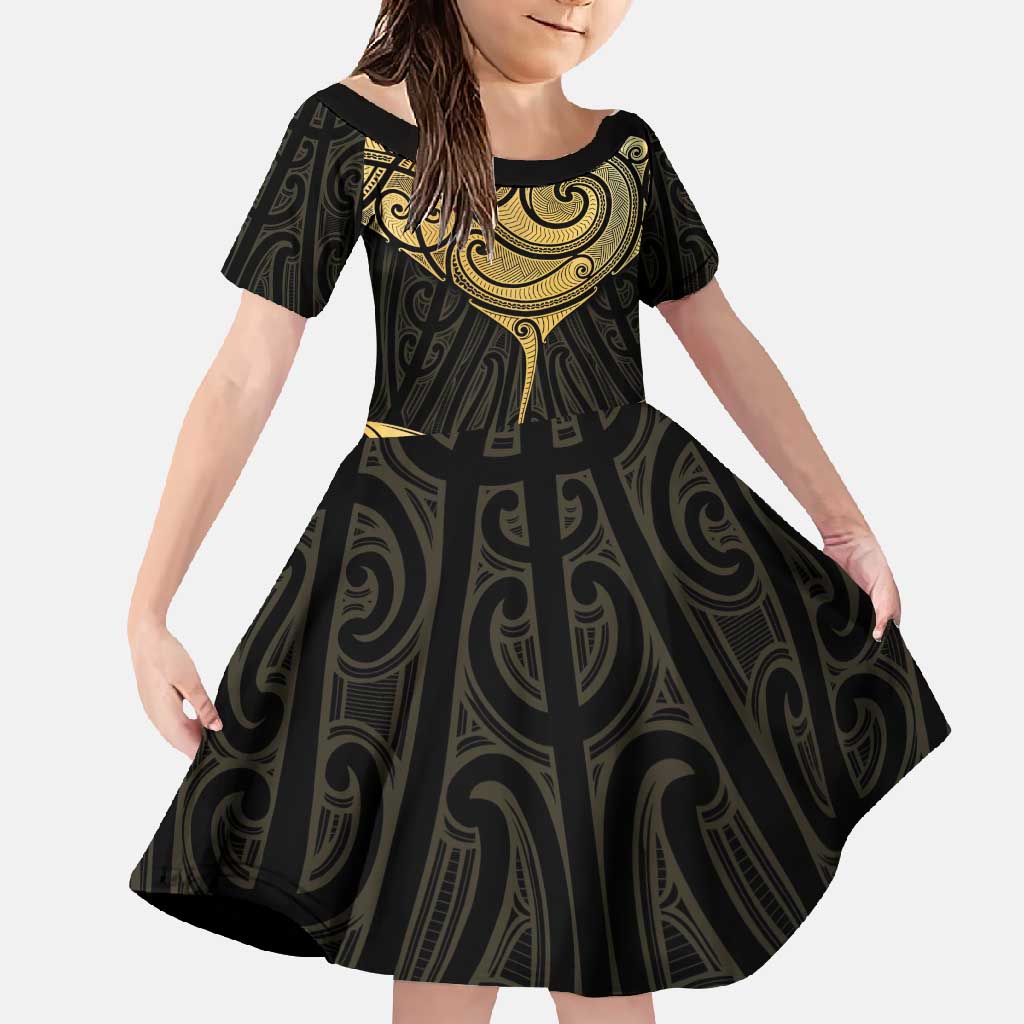 Gold Black New Zealand Manta Ray Family Matching Summer Maxi Dress and Hawaiian Shirt Aotearoa Maori Haehae - Polynesian Pride