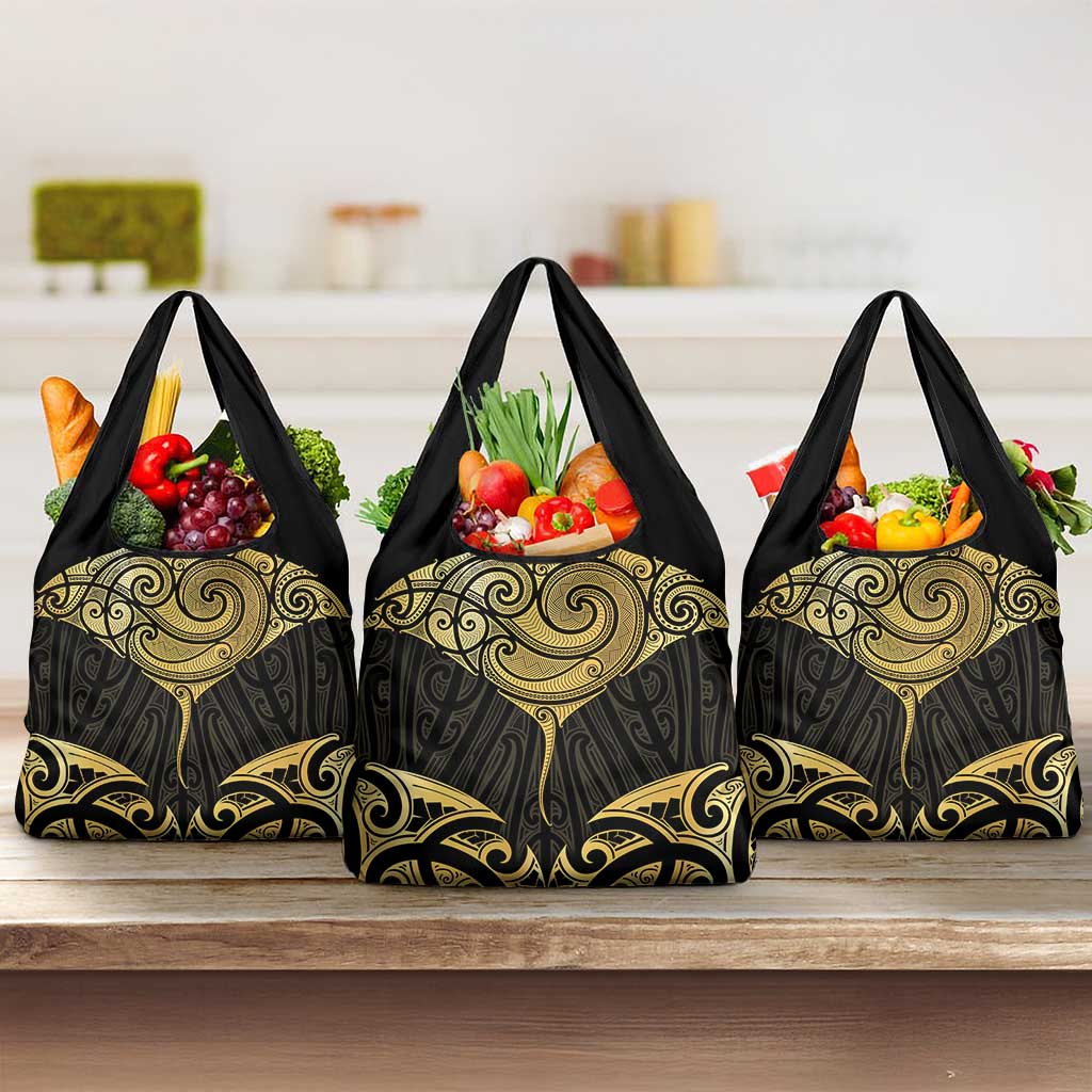 Gold Black New Zealand Manta Ray Grocery Bag Aotearoa Maori Haehae LT14 3-pack One Size Black - Polynesian Pride