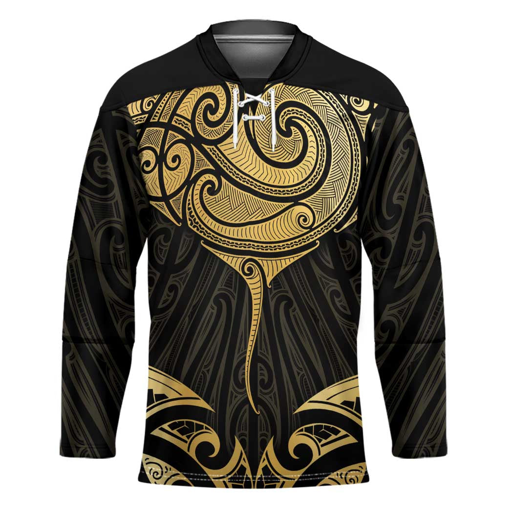 Gold Black New Zealand Manta Ray Hockey Jersey Aotearoa Maori Haehae - Polynesian Pride