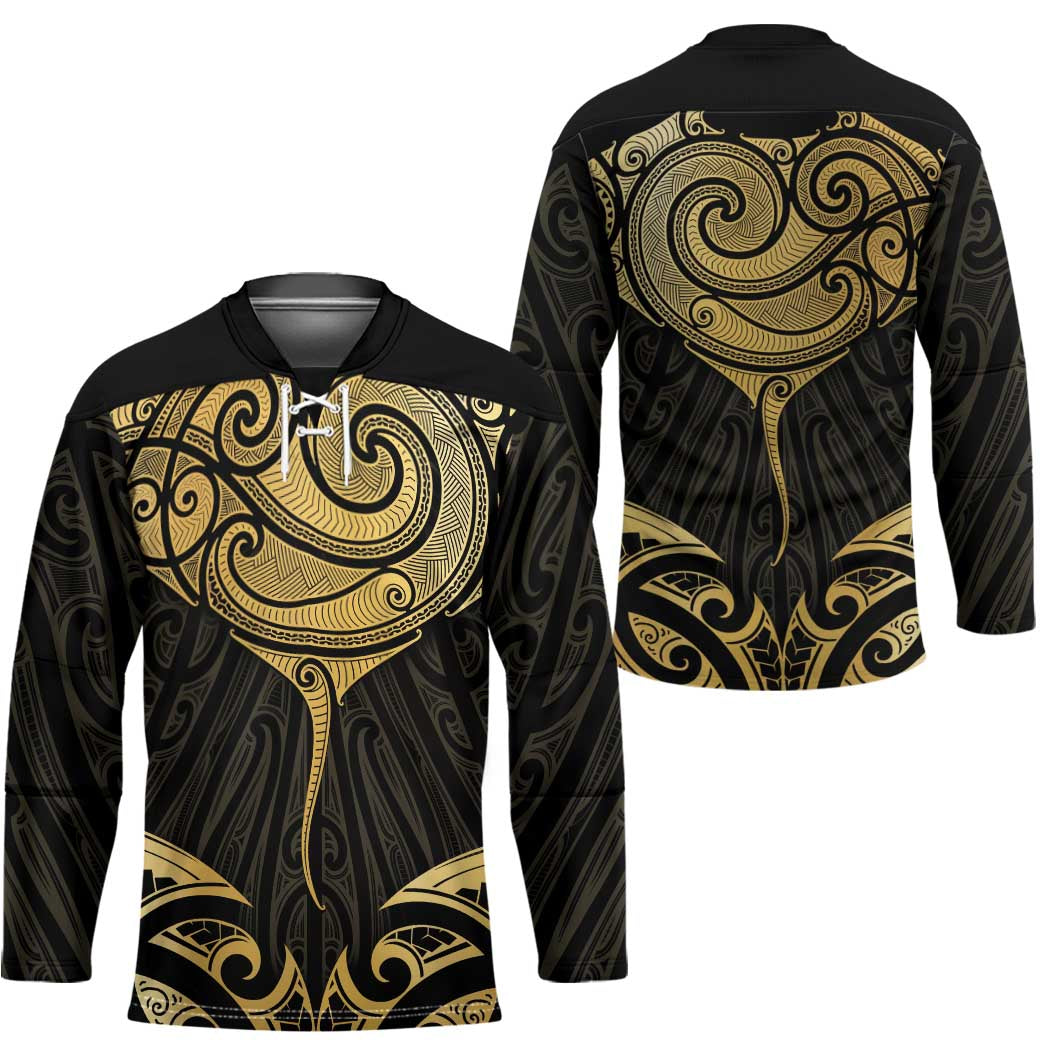 Gold Black New Zealand Manta Ray Hockey Jersey Aotearoa Maori Haehae - Polynesian Pride