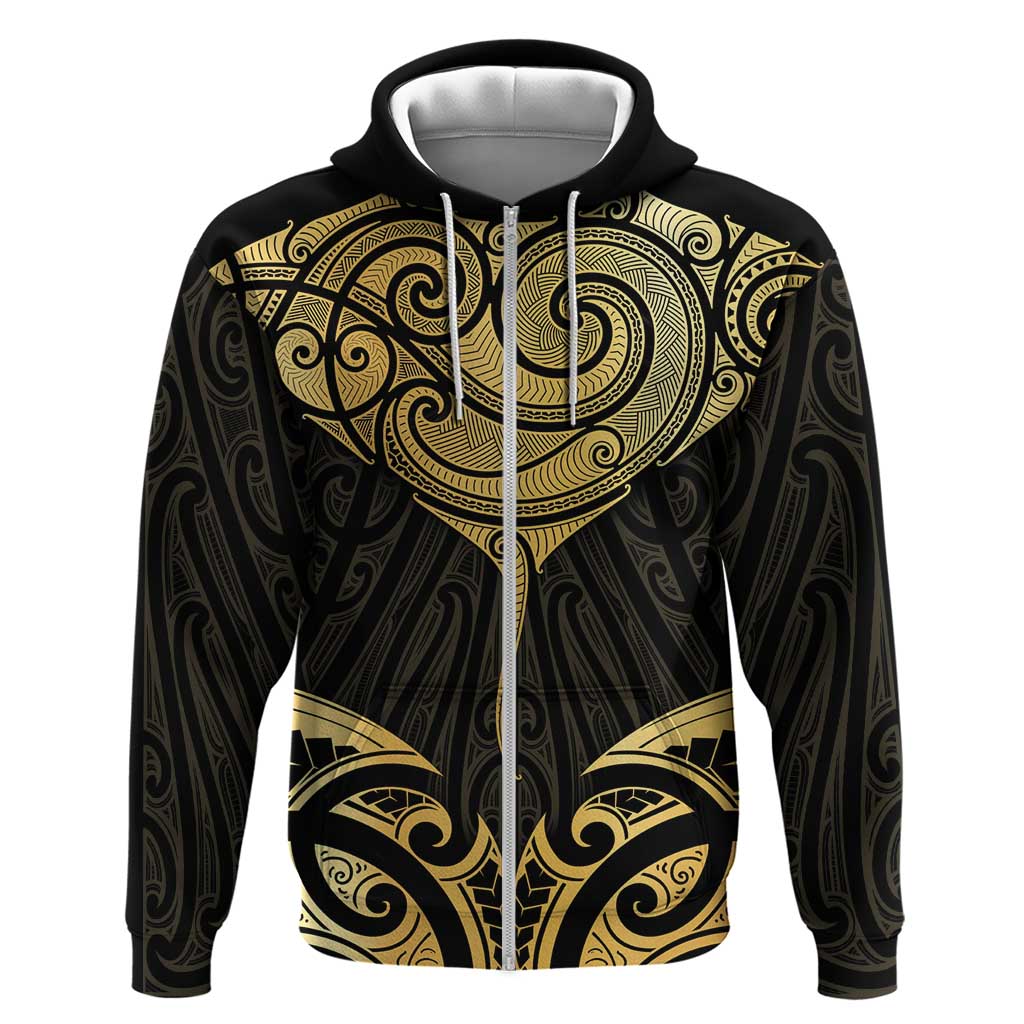 Gold Black New Zealand Manta Ray Hoodie Aotearoa Maori Haehae - Polynesian Pride