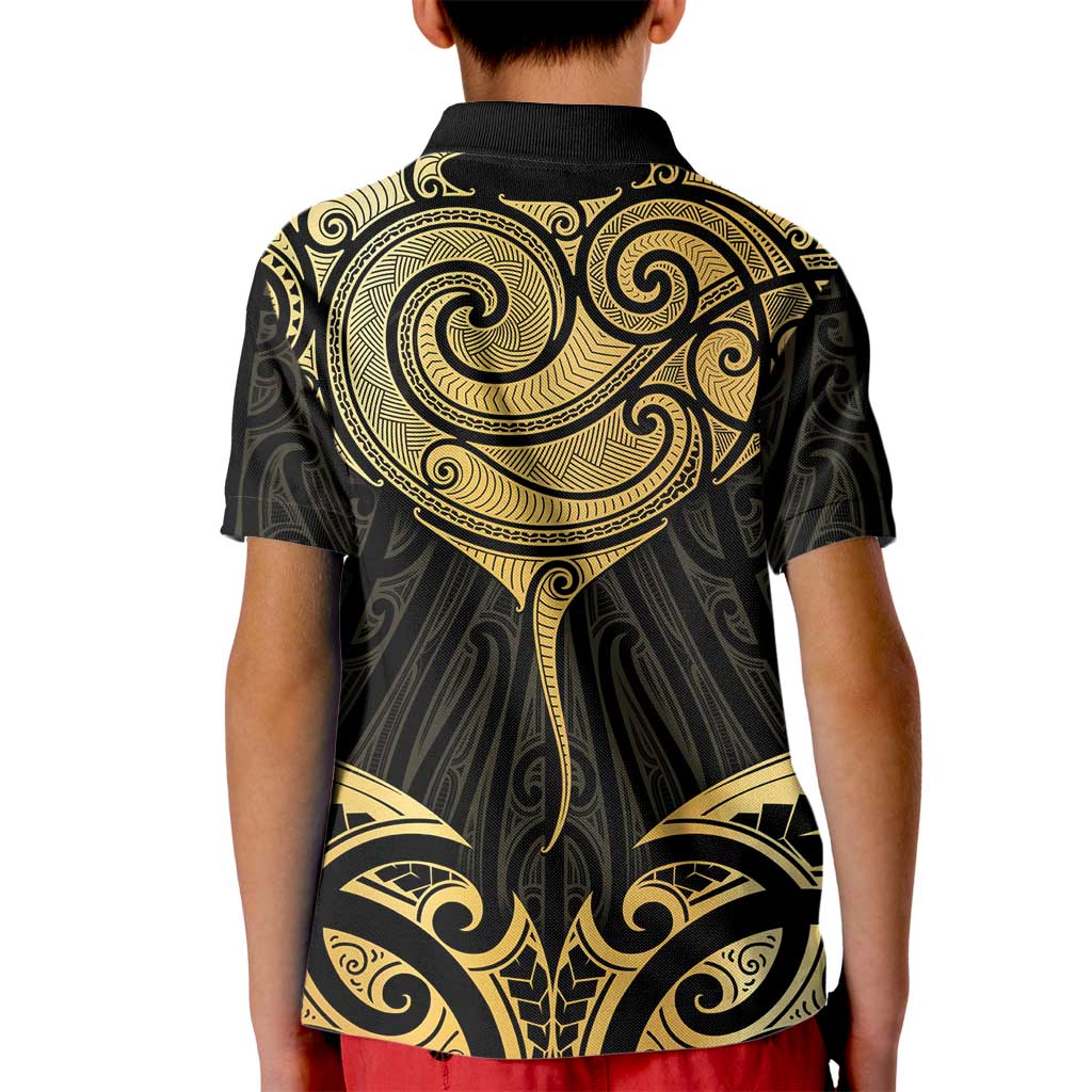 Gold Black New Zealand Manta Ray Kid Polo Shirt Aotearoa Maori Haehae - Polynesian Pride