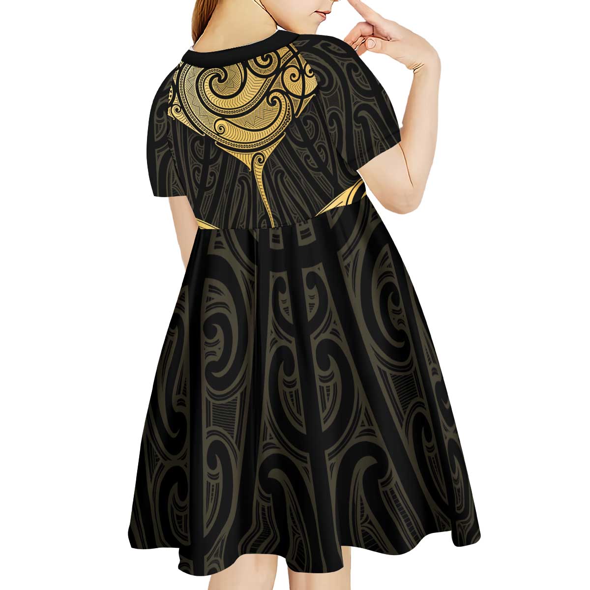 Gold Black New Zealand Manta Ray Kid Short Sleeve Dress Aotearoa Maori Haehae - Polynesian Pride