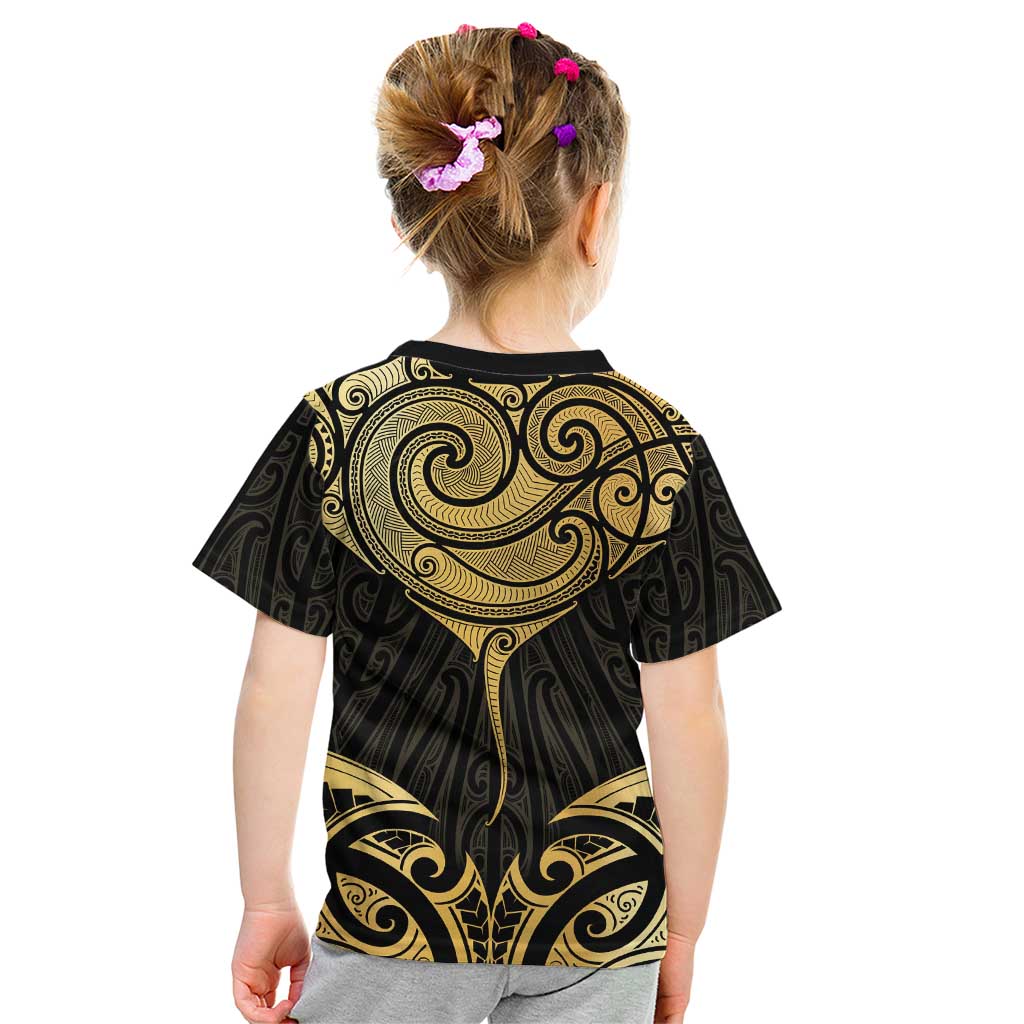 Gold Black New Zealand Manta Ray Kid T Shirt Aotearoa Maori Haehae - Polynesian Pride