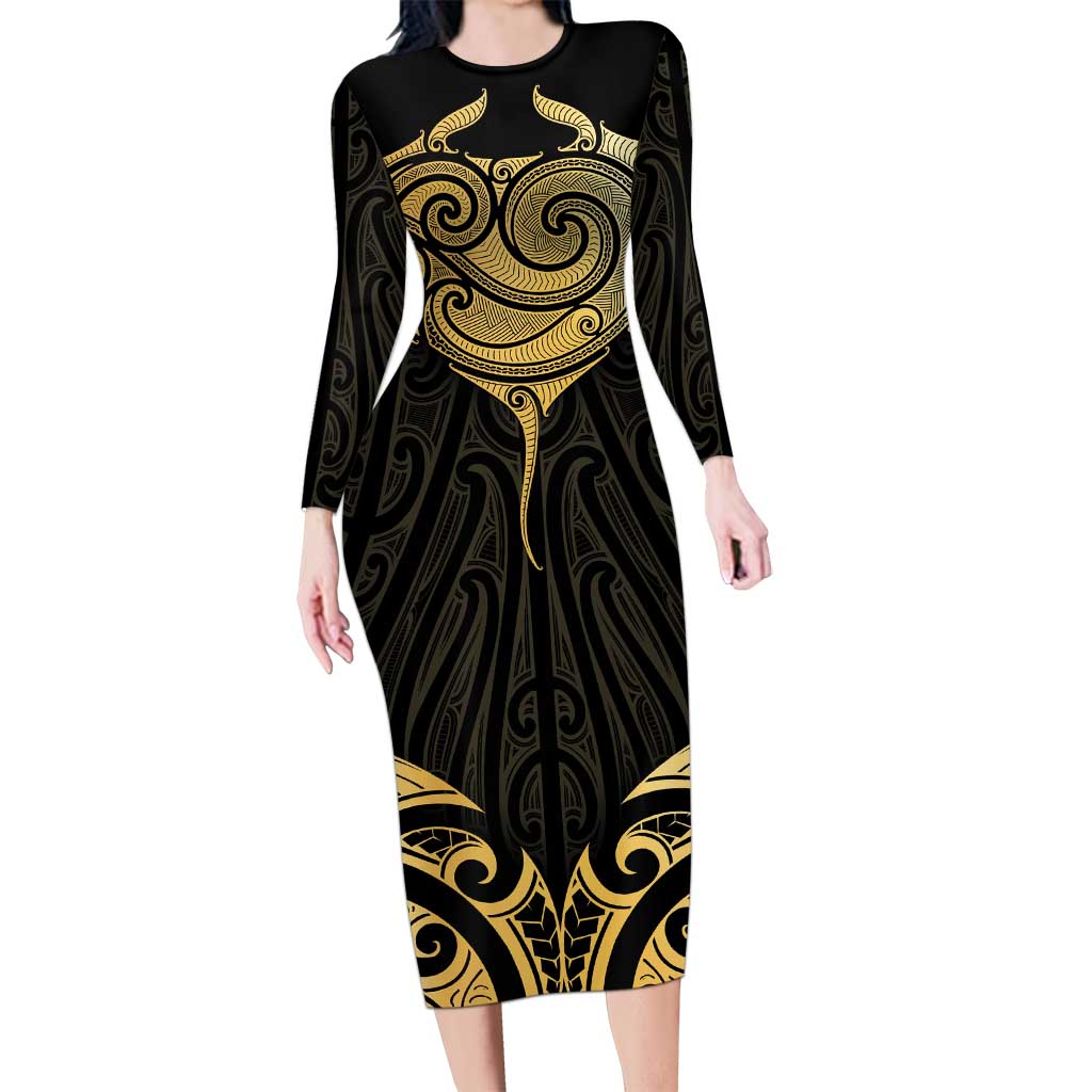 Gold Black New Zealand Manta Ray Long Sleeve Bodycon Dress Aotearoa Maori Haehae - Polynesian Pride