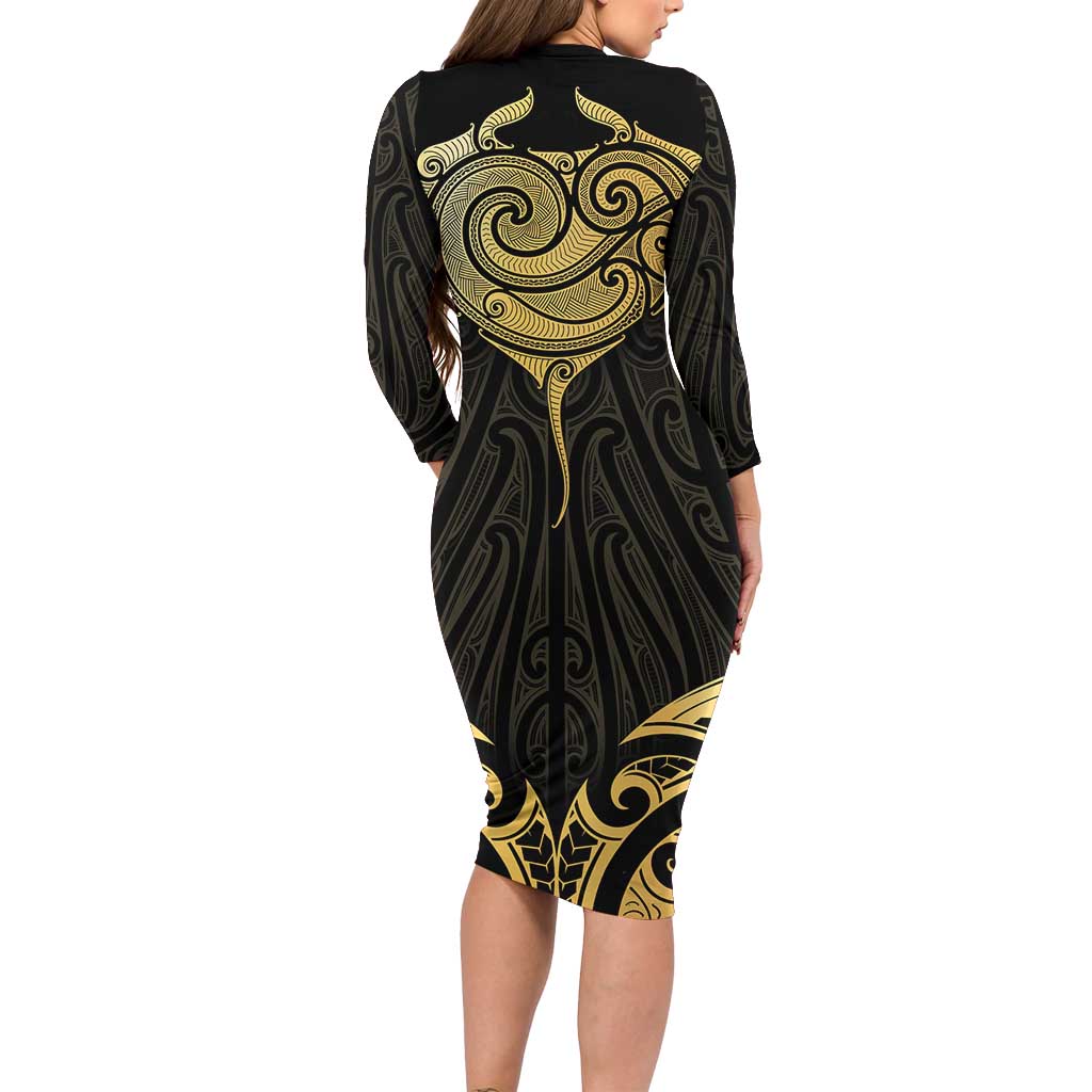 Gold Black New Zealand Manta Ray Long Sleeve Bodycon Dress Aotearoa Maori Haehae - Polynesian Pride
