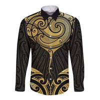 Gold Black New Zealand Manta Ray Long Sleeve Button Shirt Aotearoa Maori Haehae LT14 Unisex Black - Polynesian Pride