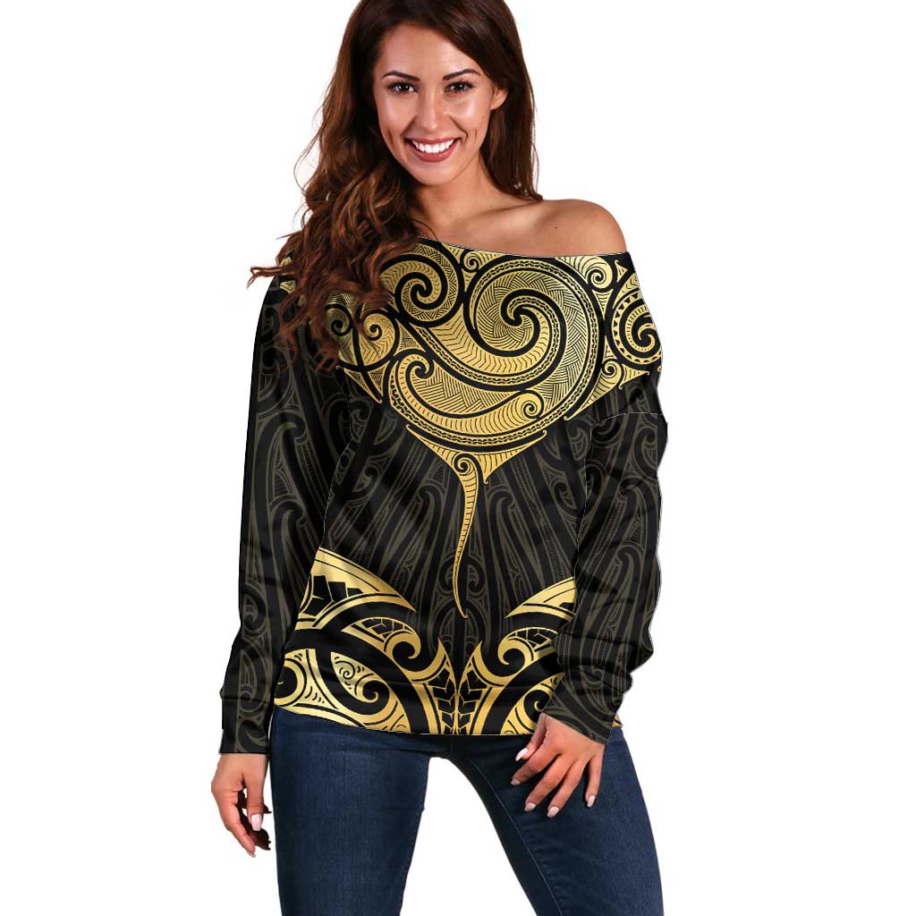 Gold Black New Zealand Manta Ray Off Shoulder Sweater Aotearoa Maori Haehae - Polynesian Pride