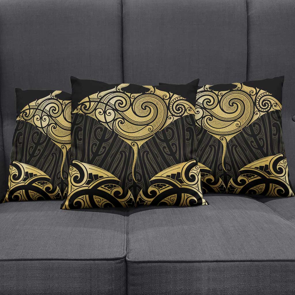 Gold Black New Zealand Manta Ray Pillow Cover Aotearoa Maori Haehae - Polynesian Pride