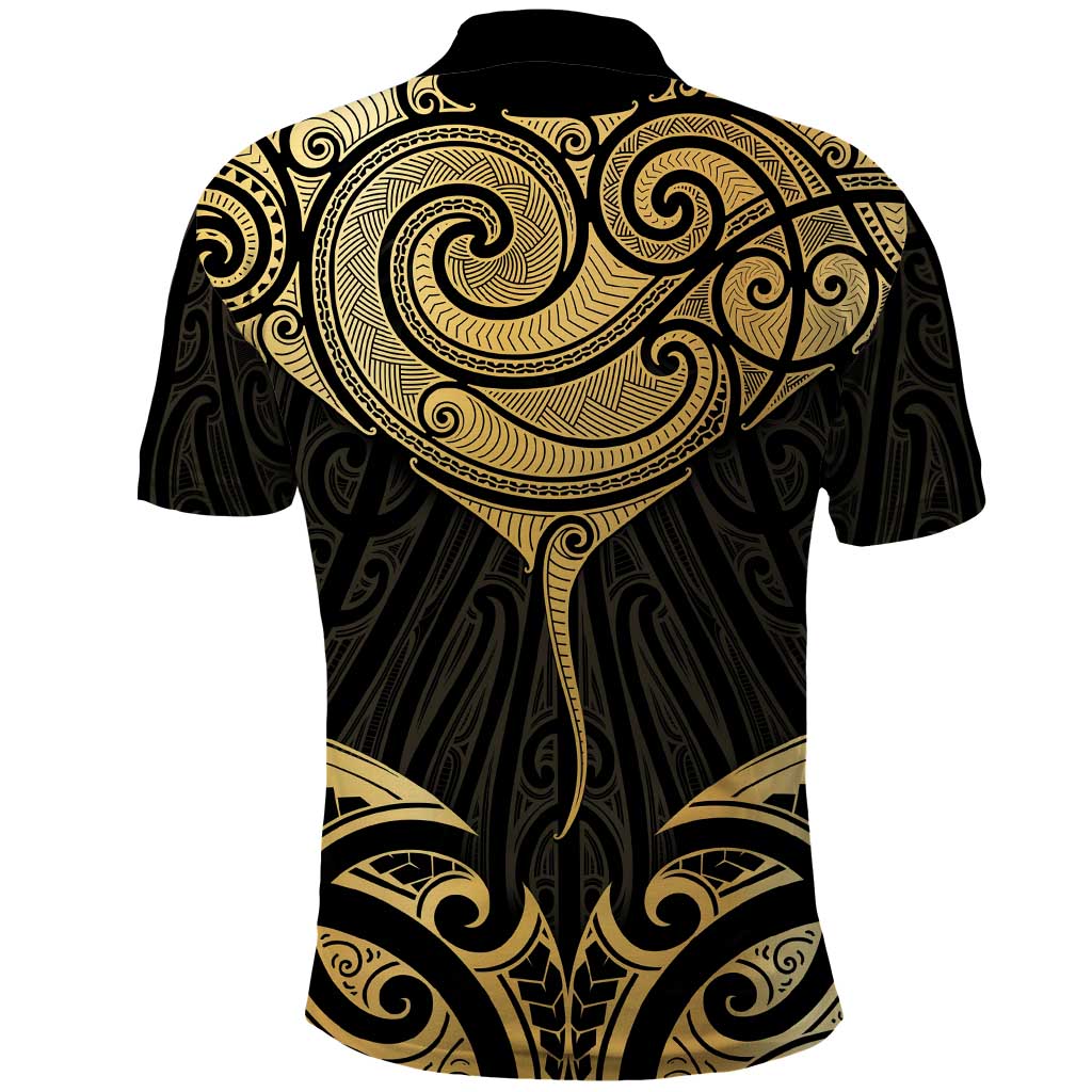 Gold Black New Zealand Manta Ray Polo Shirt Aotearoa Maori Haehae - Polynesian Pride