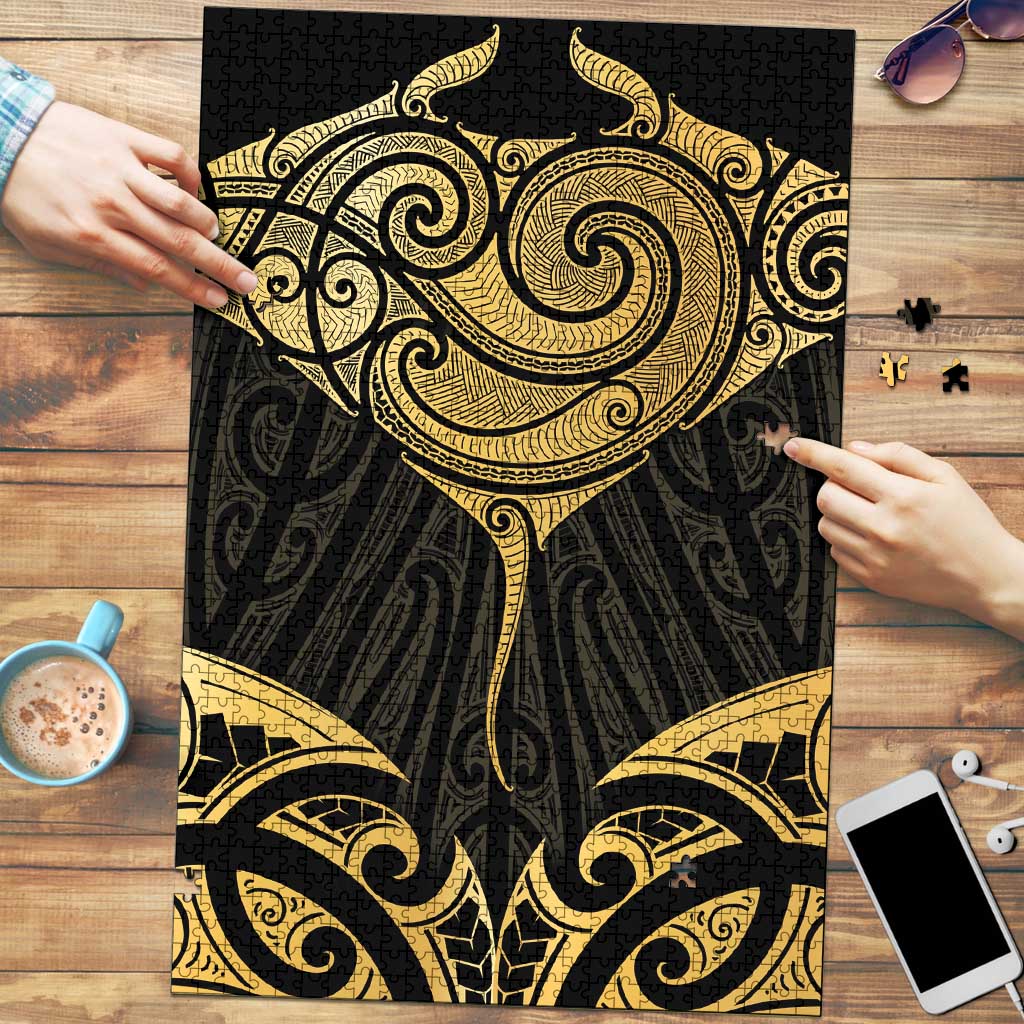 Gold Black New Zealand Manta Ray Puzzle Aotearoa Maori Haehae LT14 Black - Polynesian Pride
