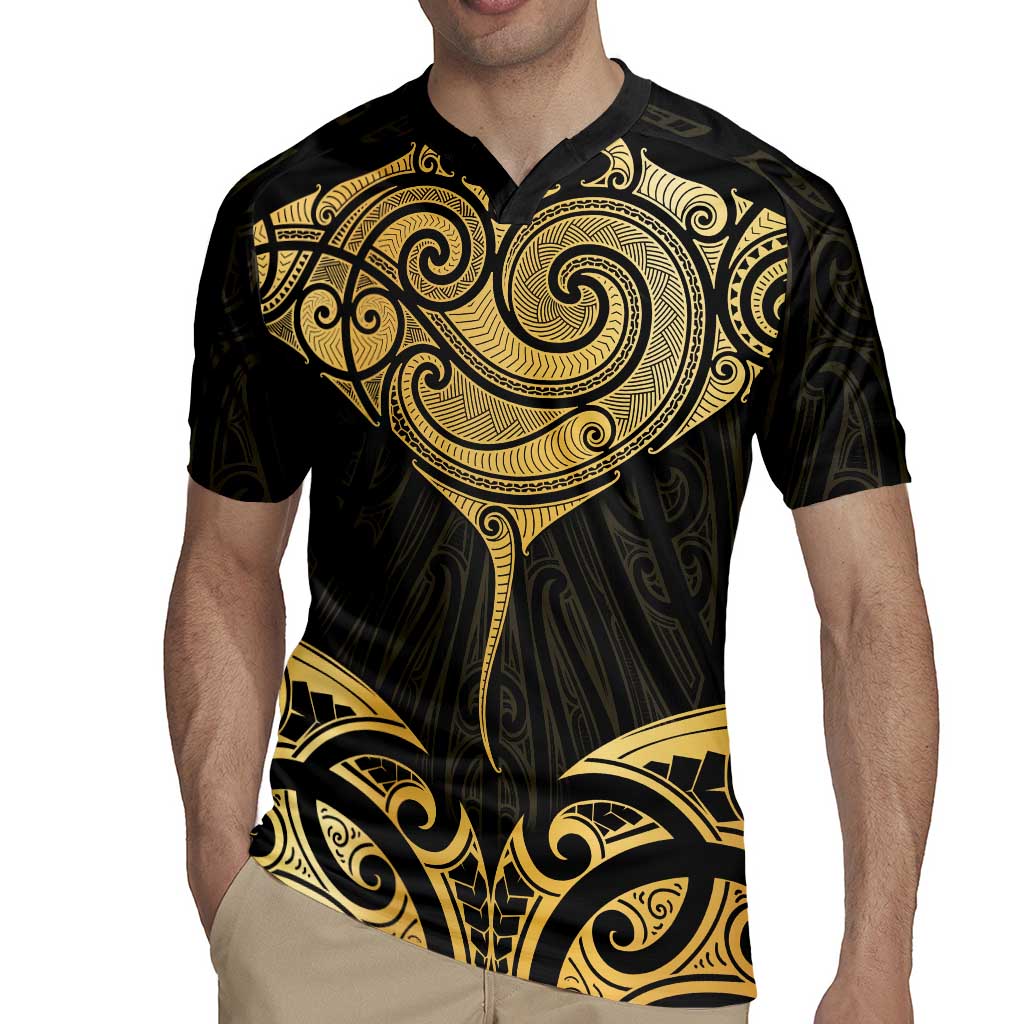 Gold Black New Zealand Manta Ray Rugby Jersey Aotearoa Maori Haehae - Polynesian Pride