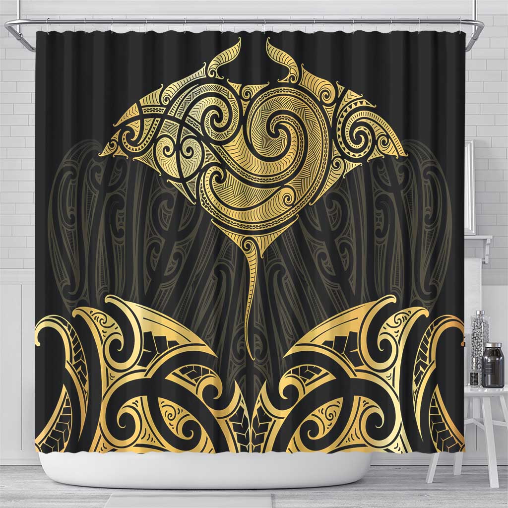 Gold Black New Zealand Manta Ray Shower Curtain Aotearoa Maori Haehae - Polynesian Pride
