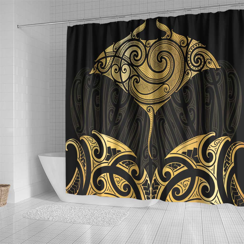 Gold Black New Zealand Manta Ray Shower Curtain Aotearoa Maori Haehae - Polynesian Pride