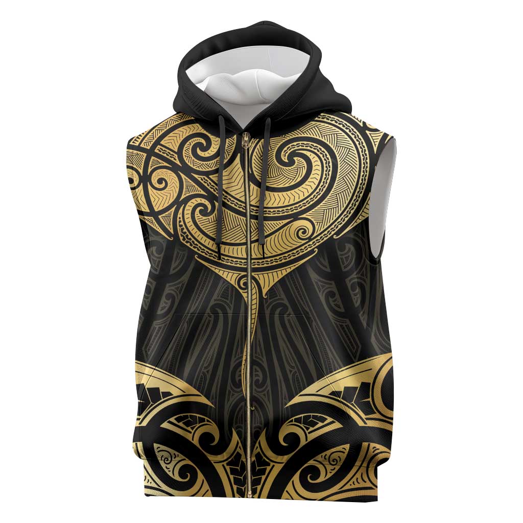 Gold Black New Zealand Manta Ray Sleeveless Zip Hoodie Aotearoa Maori Haehae - Polynesian Pride