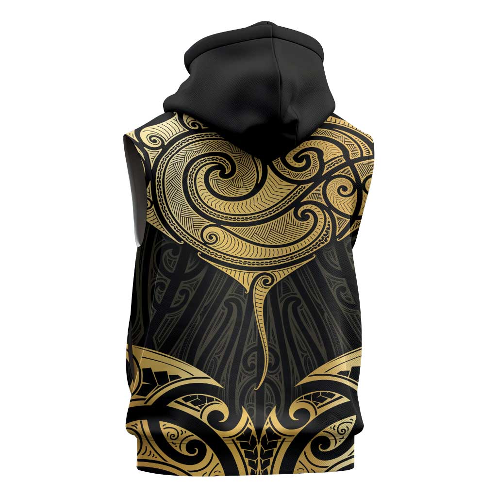 Gold Black New Zealand Manta Ray Sleeveless Zip Hoodie Aotearoa Maori Haehae - Polynesian Pride