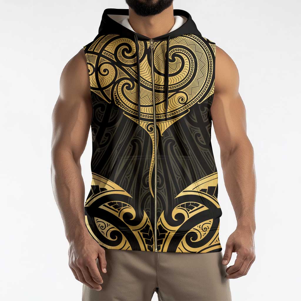 Gold Black New Zealand Manta Ray Sleeveless Zip Hoodie Aotearoa Maori Haehae - Polynesian Pride